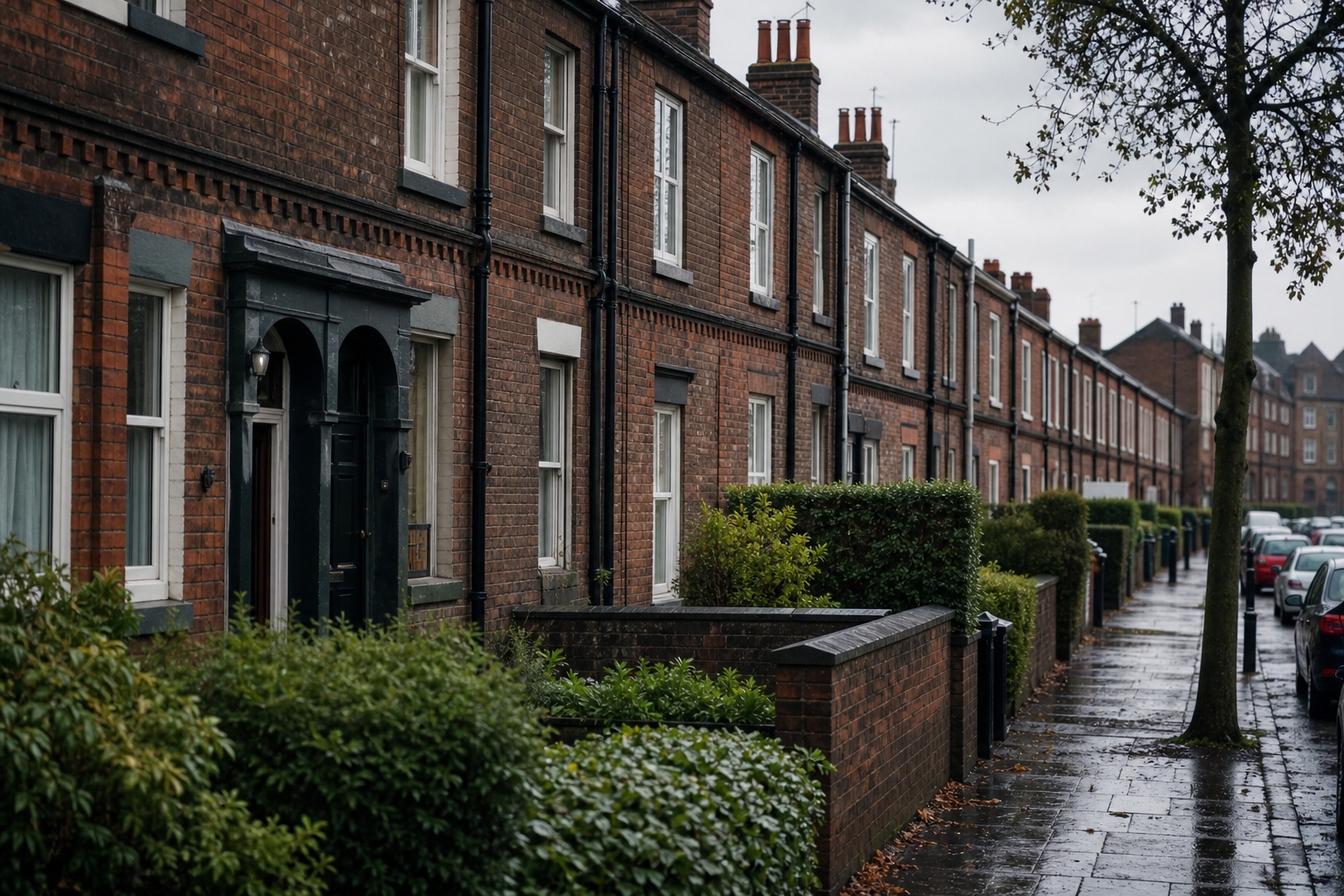 Wet brick terraced housing on a quiet UK residential street